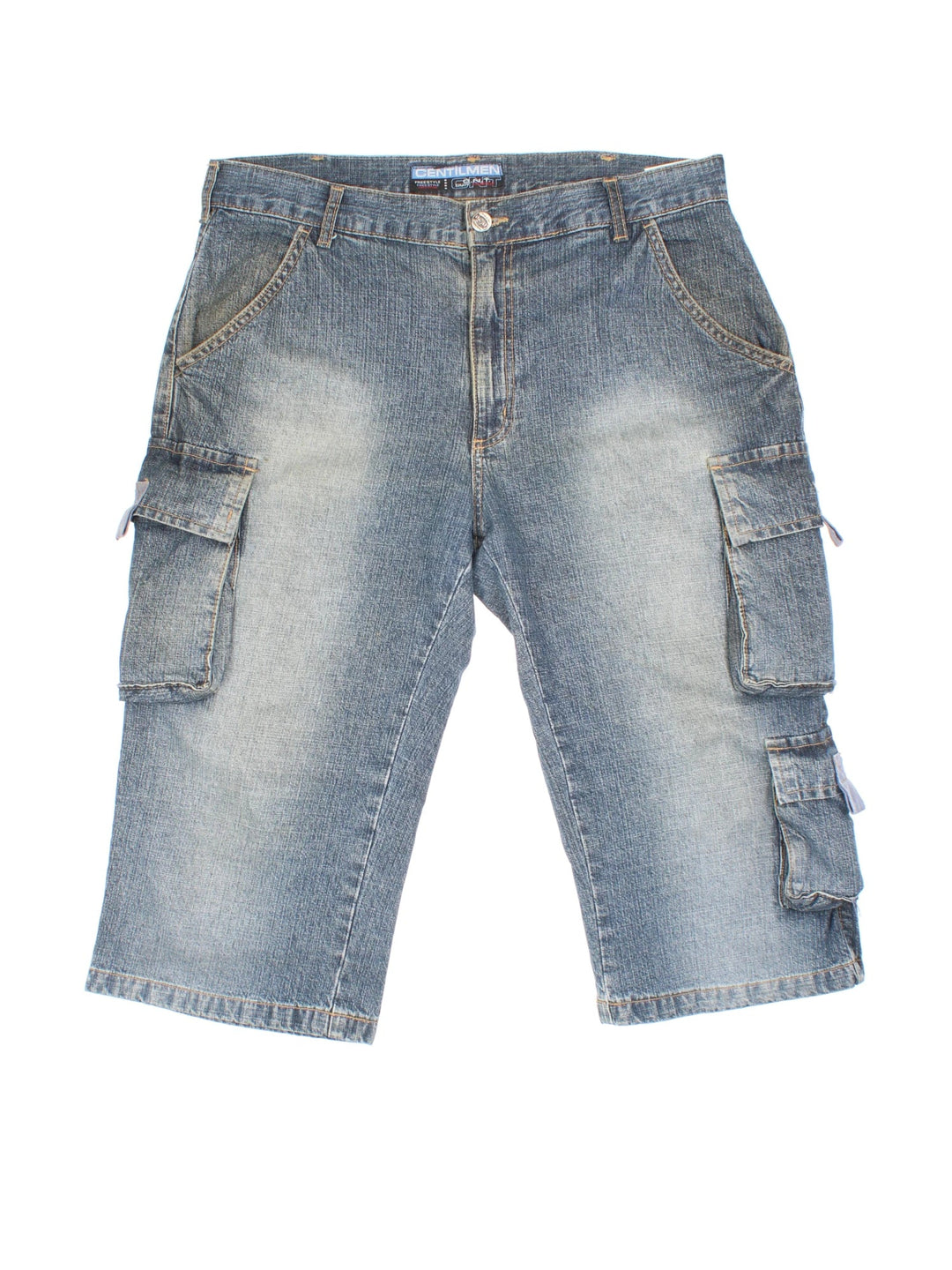 Vintage Y2K Denim Cargo Jorts in blue colourway. Zip fly fastening with multiple pockets and contrast stitching.