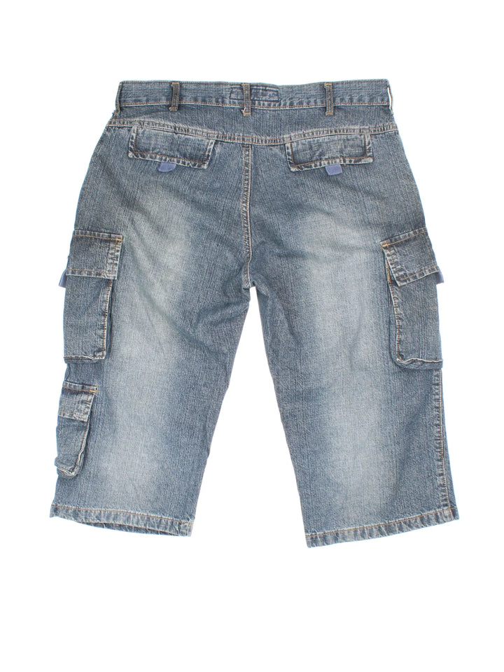 Vintage Y2K Denim Cargo Jorts in blue colourway. Zip fly fastening with multiple pockets and contrast stitching.