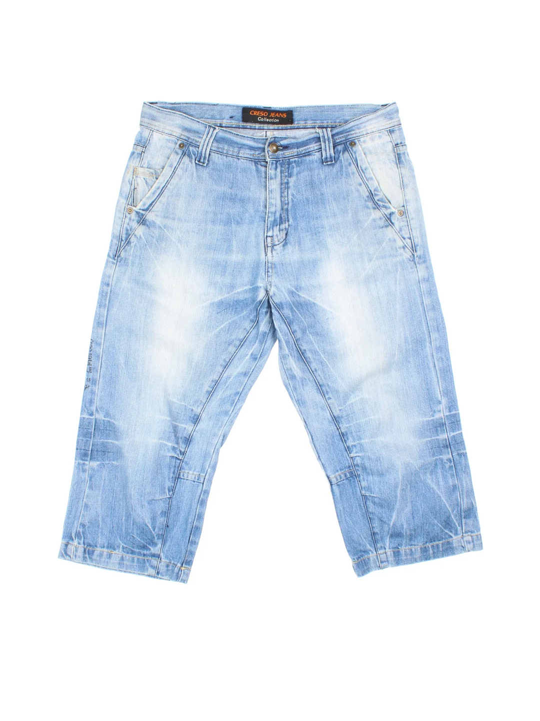 Vintage Y2K Denim Jorts in blue colourway. Zip fly fastening with multiple pockets, contrast stitching and printed branding on back.