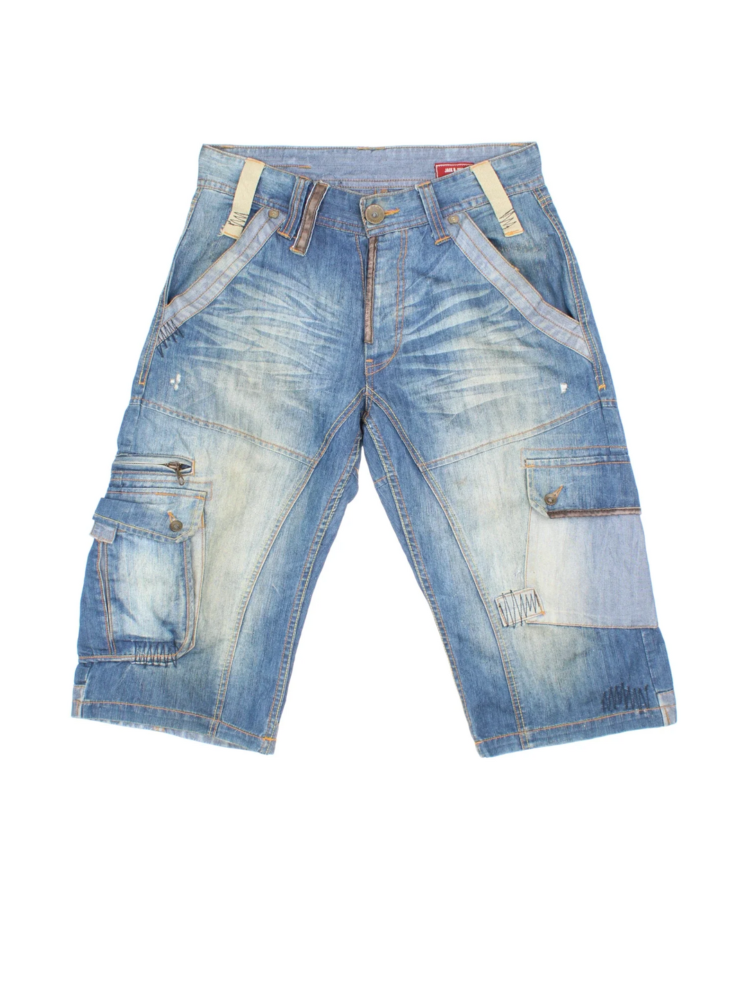 Vintage Y2K Denim Cargo Jorts in blue colourway. Zip fly fastening with multiple pockets, contrast stitching and leather tab on back.