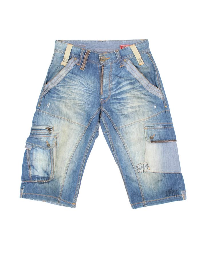 Vintage Y2K Denim Cargo Jorts in blue colourway. Zip fly fastening with multiple pockets, contrast stitching and leather tab on back.