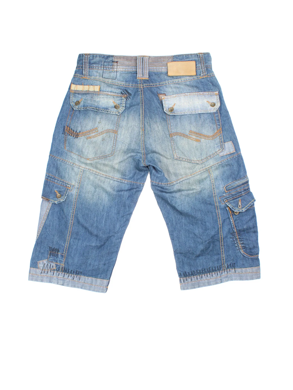 Vintage Y2K Denim Cargo Jorts in blue colourway. Zip fly fastening with multiple pockets, contrast stitching and leather tab on back.