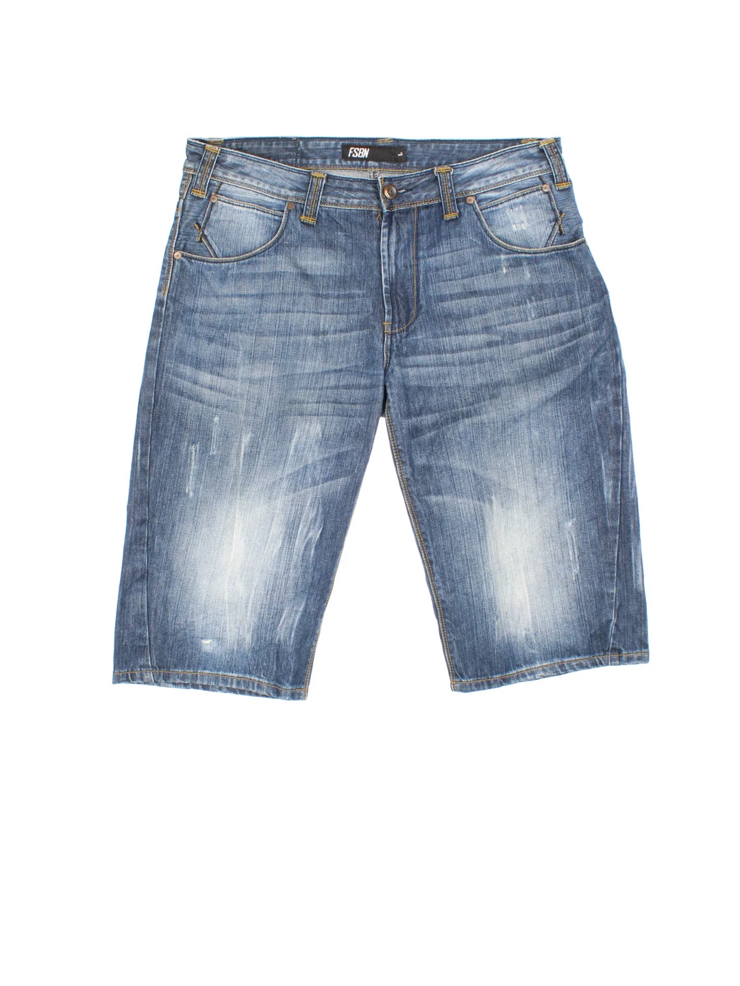 Vintage Y2K Denim Jorts in blue colourway. Zip fly fastening with multiple pockets, contrast stitching and leather patch on back.
