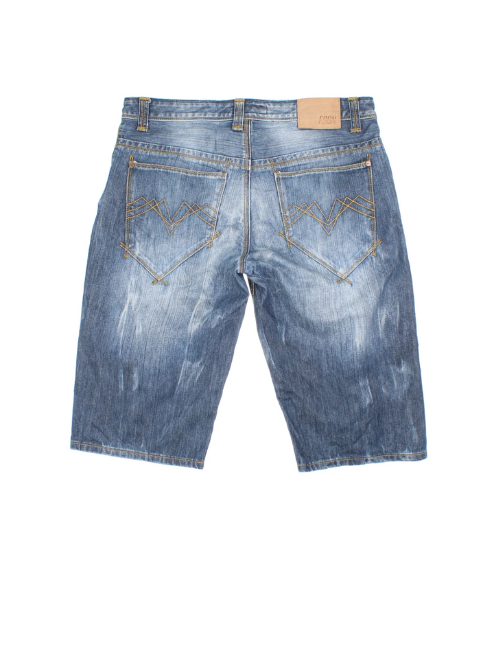 Vintage Y2K Denim Jorts in blue colourway. Zip fly fastening with multiple pockets, contrast stitching and leather patch on back.