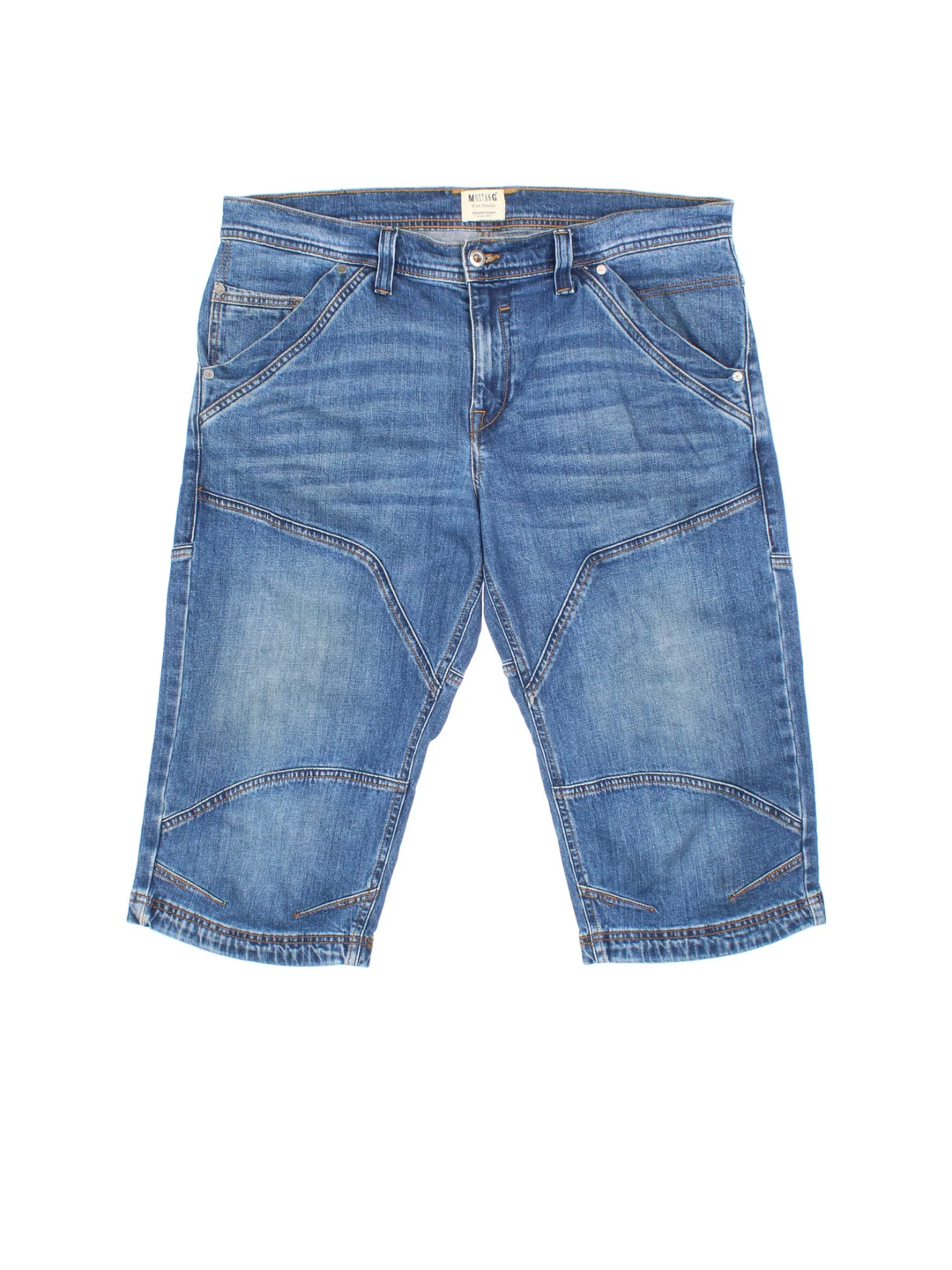 Vintage Y2K Denim Jorts in blue colourway. Zip fly fastening with multiple pockets, contrast stitching and leather patch on back.