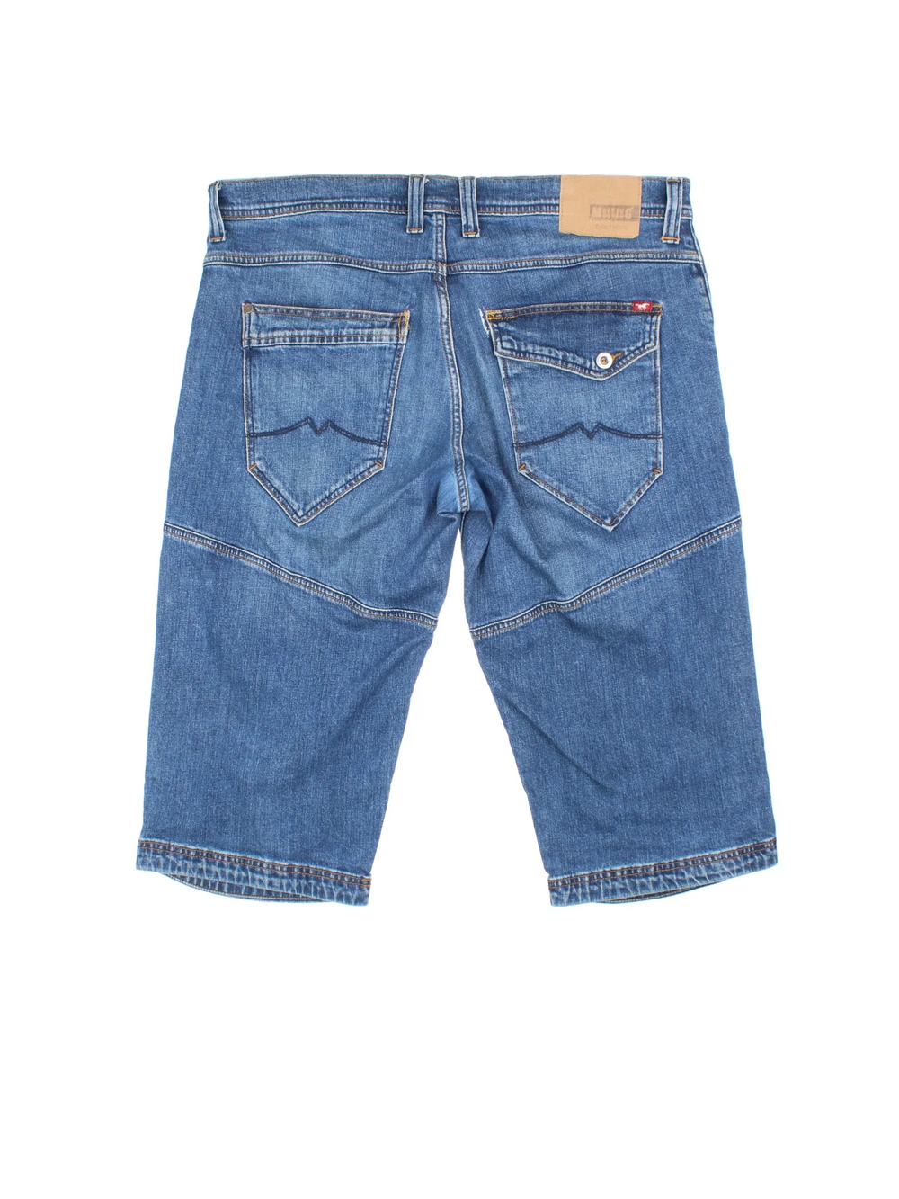 Vintage Y2K Denim Jorts in blue colourway. Zip fly fastening with multiple pockets, contrast stitching and leather patch on back.