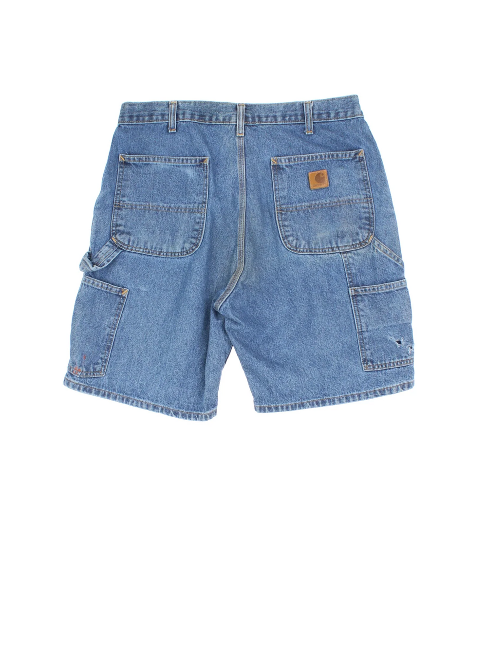 Vintage Carhartt Carpenter Shorts in blue colourway with multiple pockets and the logo embroidered on the back.