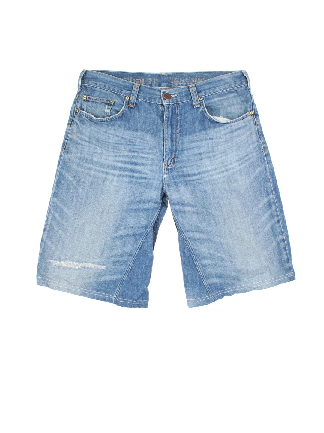 Vintage Carhartt Jorts in blue colourway with multiple pockets and the logo embroidered on the back.
