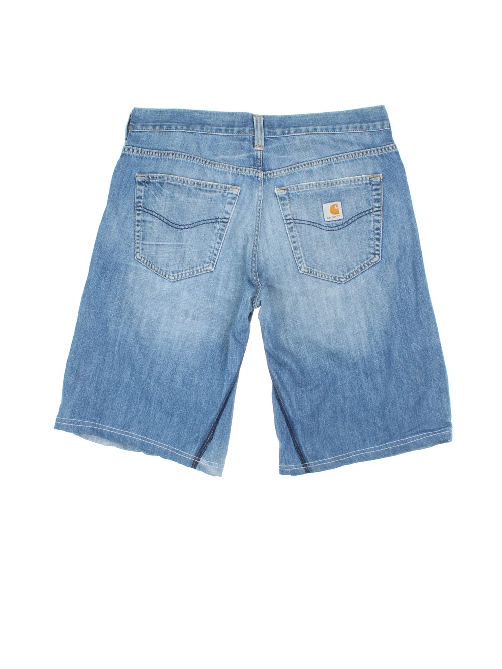 Vintage Carhartt Jorts in blue colourway with multiple pockets and the logo embroidered on the back.