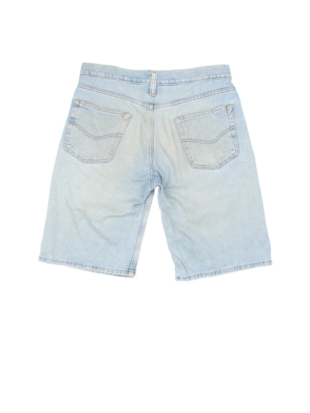 Vintage Carhartt Jorts in blue colourway with multiple pockets and the logo tab embroidered on the back.