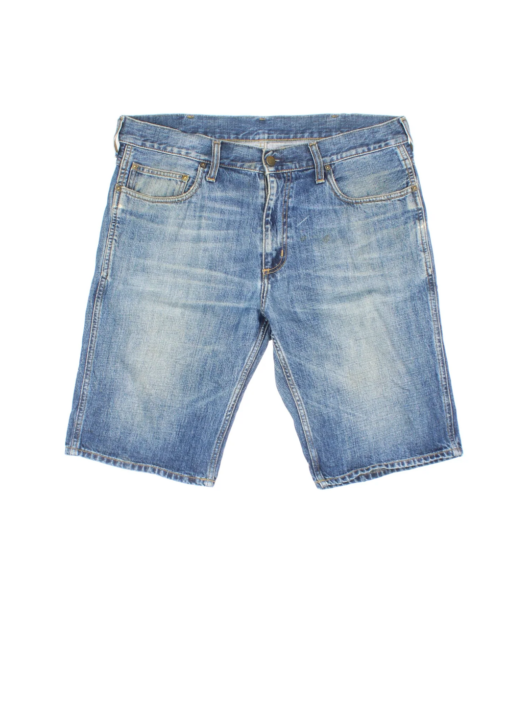 Vintage Carhartt Denim Shorts in blue colourway with multiple pockets and the logo embroidered on the back.