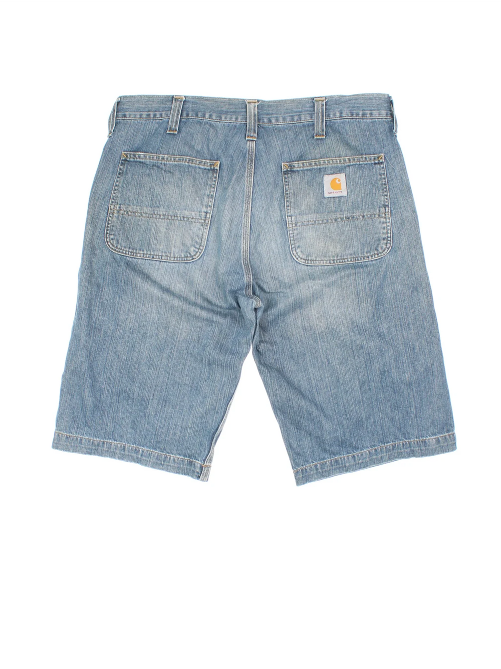 Vintage Carhartt Jorts in blue colourway with multiple pockets and the logo tab embroidered on the back.