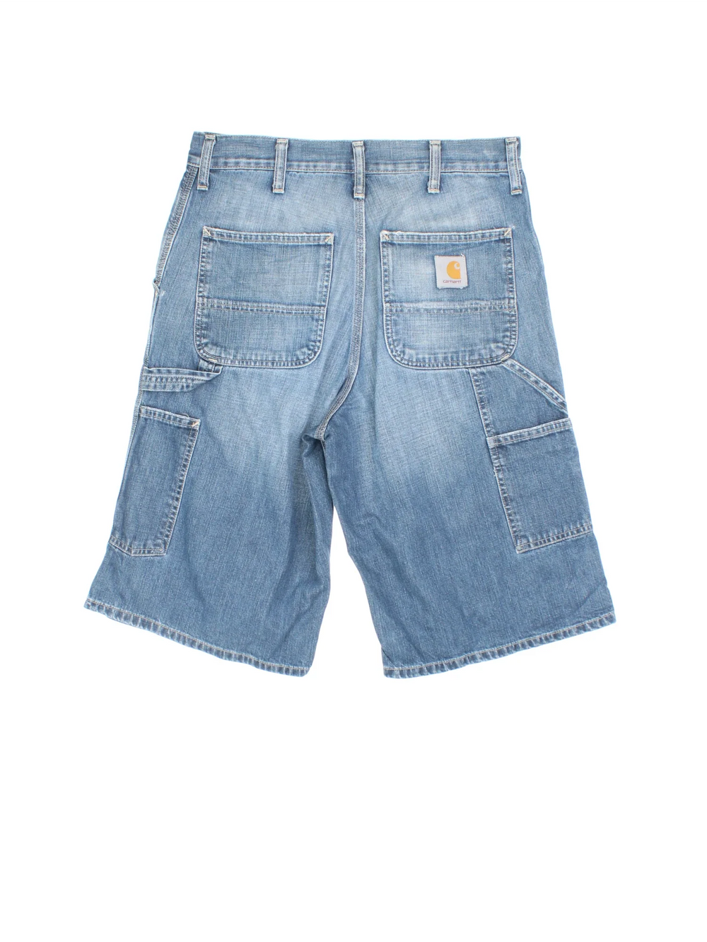 Vintage Carhartt Carpenter Shorts in blue colourway with multiple pockets and the logo embroidered on the back.
