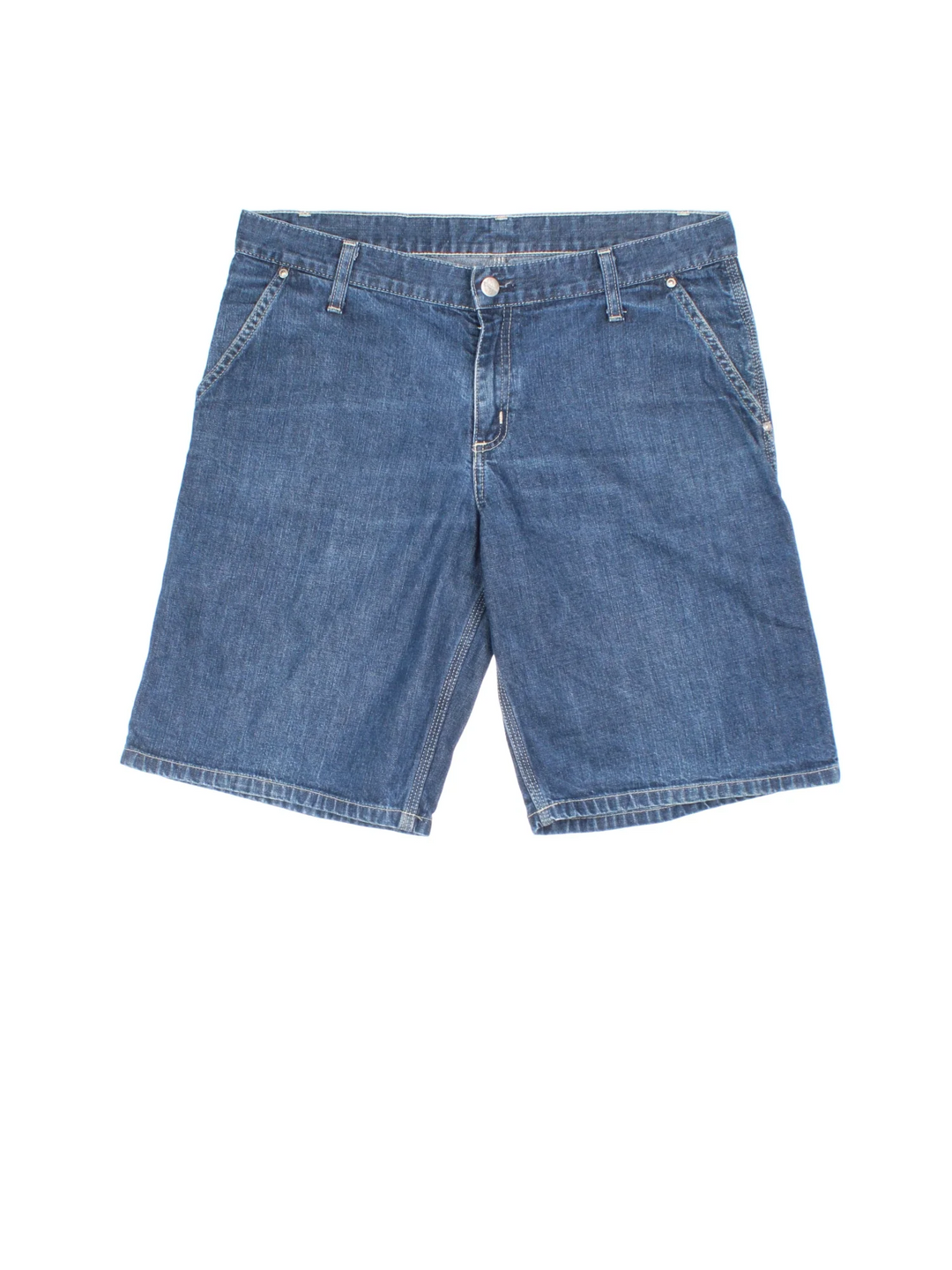 Vintage Carhartt Carpenter Shorts in blue colourway with multiple pockets and the logo embroidered on the back.
