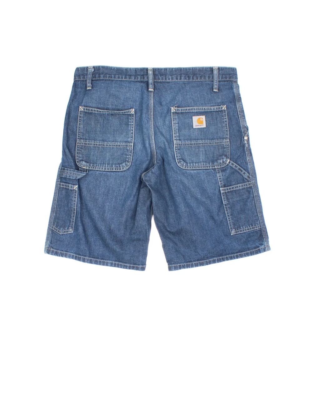 Vintage Carhartt Carpenter Shorts in blue colourway with multiple pockets and the logo embroidered on the back.