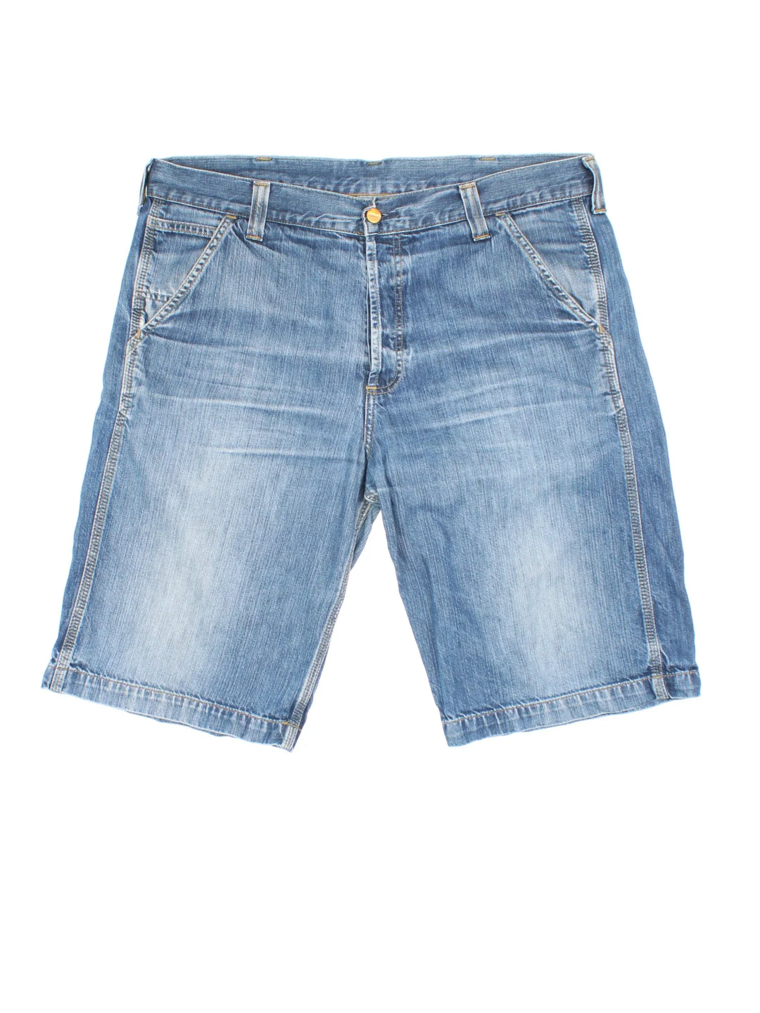 Vintage Carhartt Jorts in blue colourway with multiple pockets and the logo embroidered on the back.