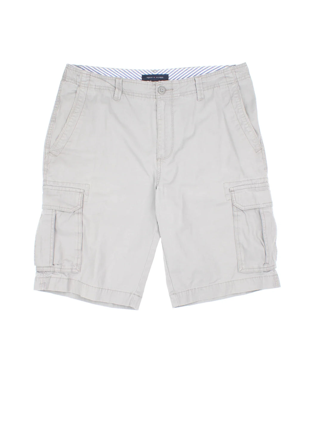 Vintage Tommy Hilfiger Cargo Shorts in grey colourway with multiple pockets and the logo embroidered on the back.