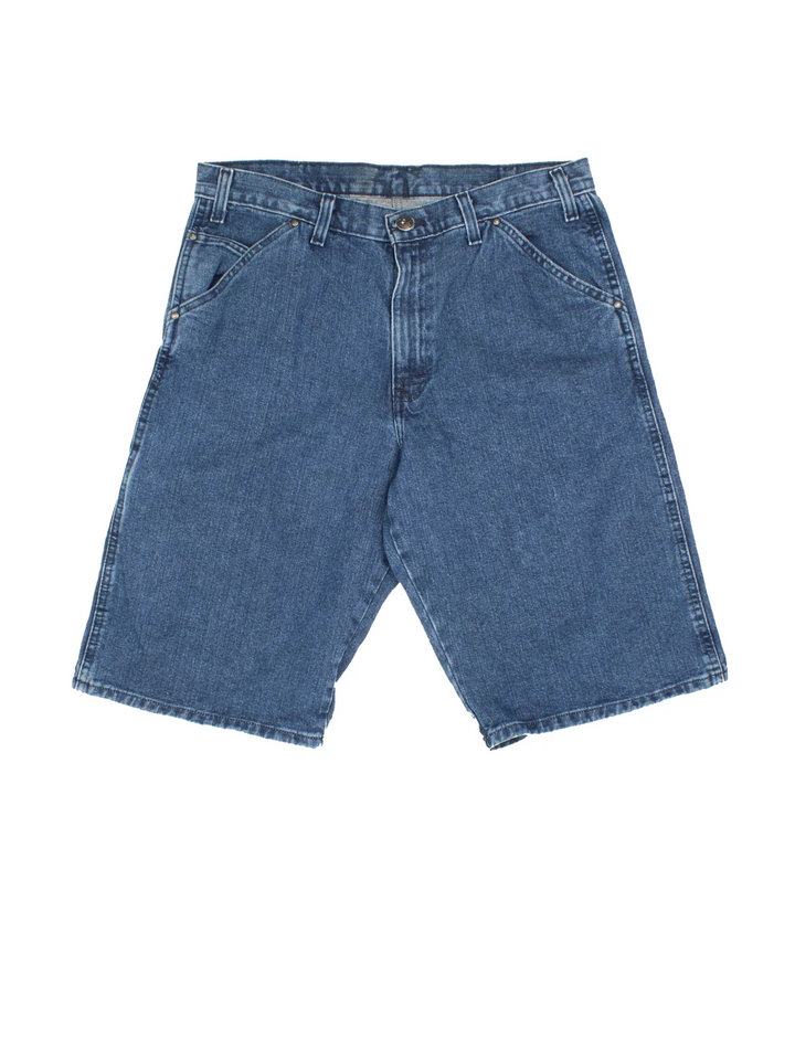 Vintage Dickies Denim Shorts in blue colourway with multiple pockets and the logo embroidered on the back.