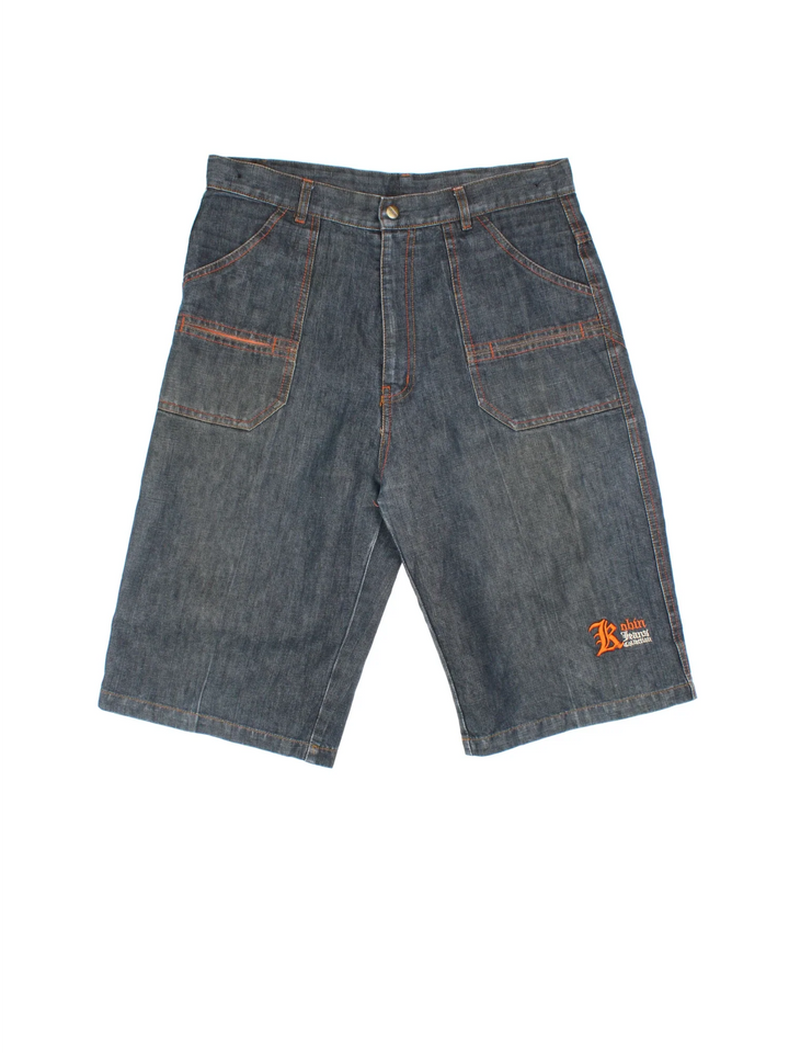 Vintage Y2K Denim Jorts in blue colourway with multiple pockets, contrast stitching and logo embroidered on the back.