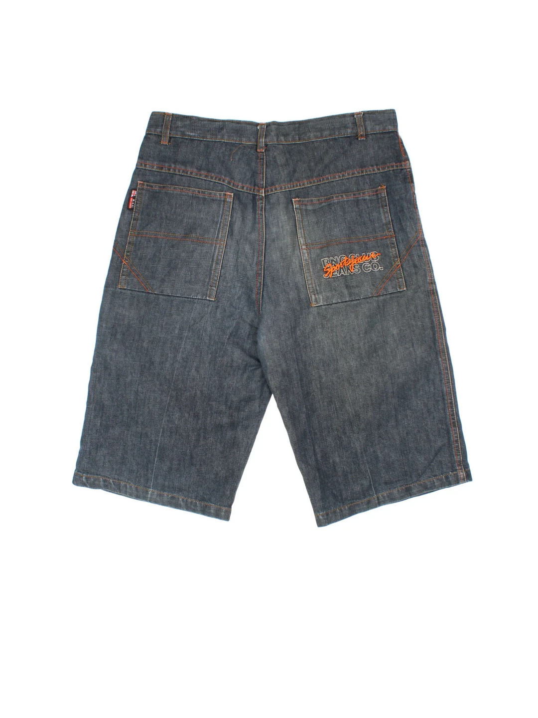 Vintage Y2K Denim Jorts in blue colourway with multiple pockets, contrast stitching and logo embroidered on the back.