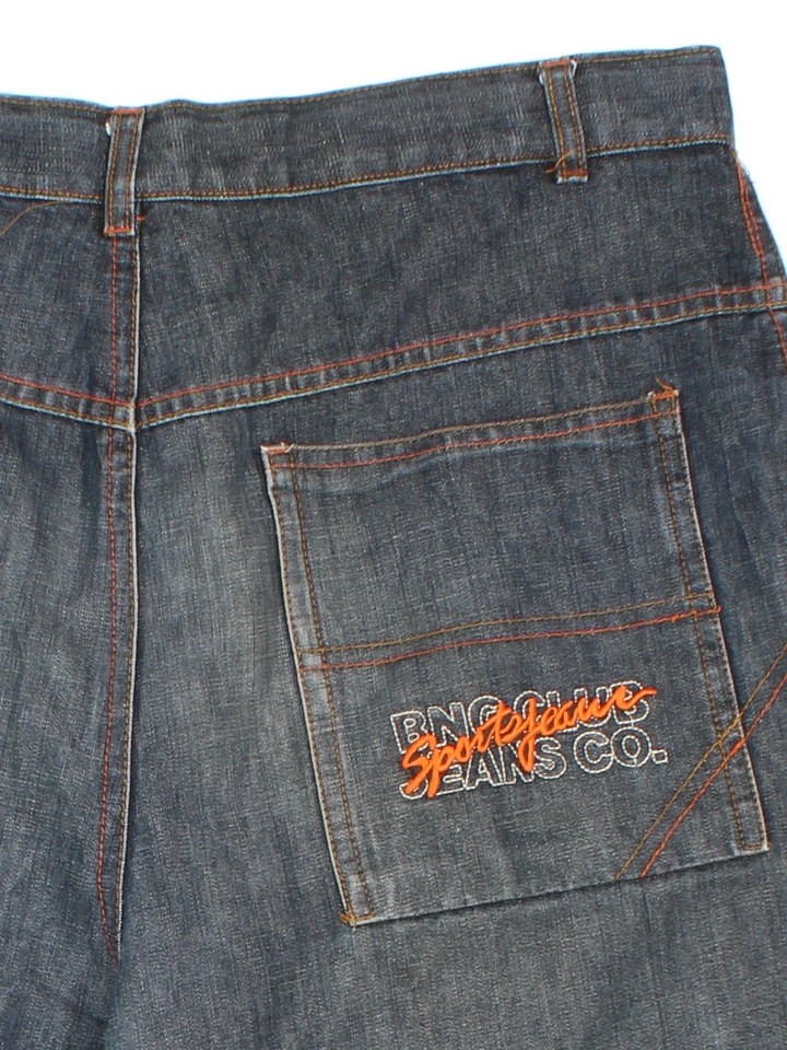 Vintage Y2K Denim Jorts in blue colourway with multiple pockets, contrast stitching and logo embroidered on the back.