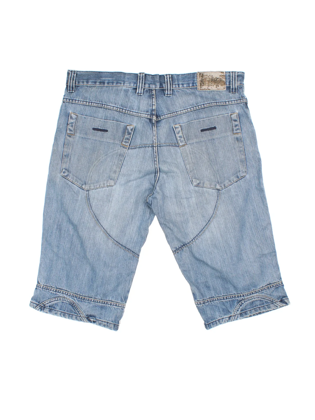 Vintage Y2K Denim Jorts in blue colourway with multiple pockets, contrast stitching and leather logo patch embroidered on the back.