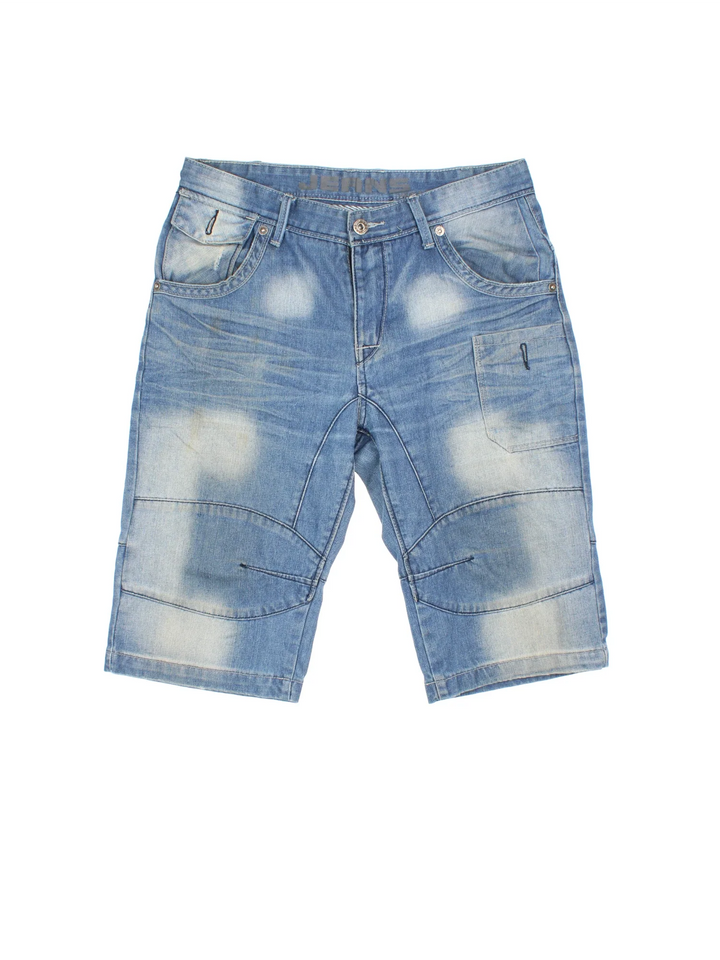 Vintage Y2K Denim Jorts in blue colourway with multiple pockets, contrast stitching and logo patch embroidered on the back.