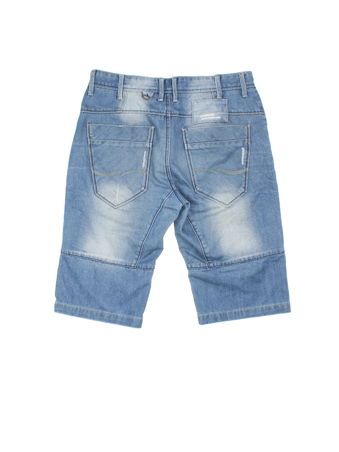 Vintage Y2K Denim Jorts in blue colourway with multiple pockets, contrast stitching and logo patch embroidered on the back.