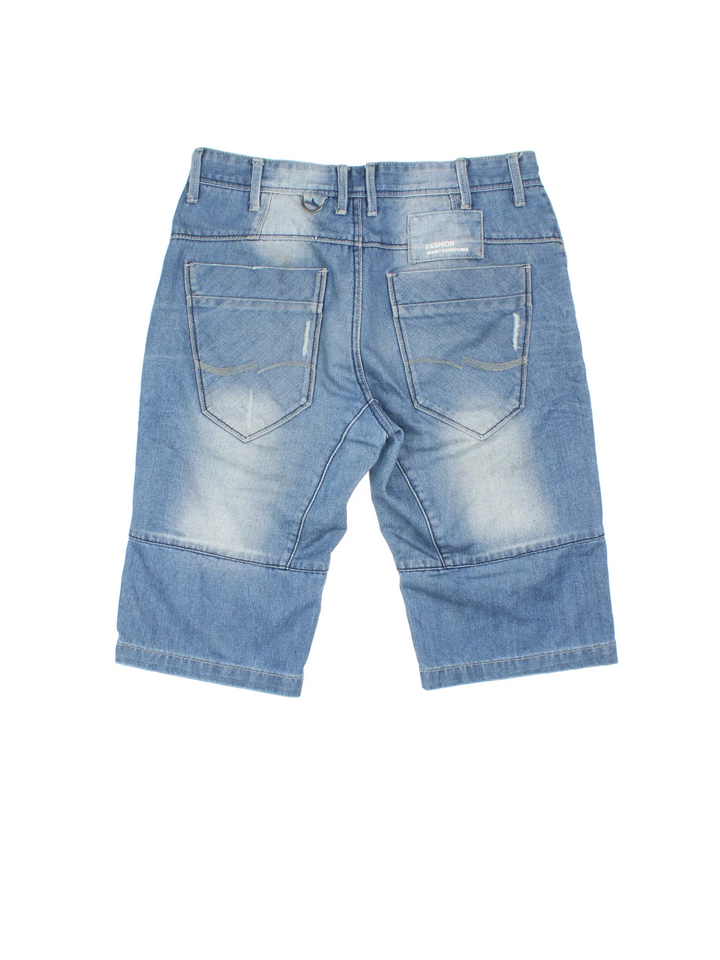 Vintage Y2K Denim Jorts in blue colourway with multiple pockets, contrast stitching and logo patch embroidered on the back.