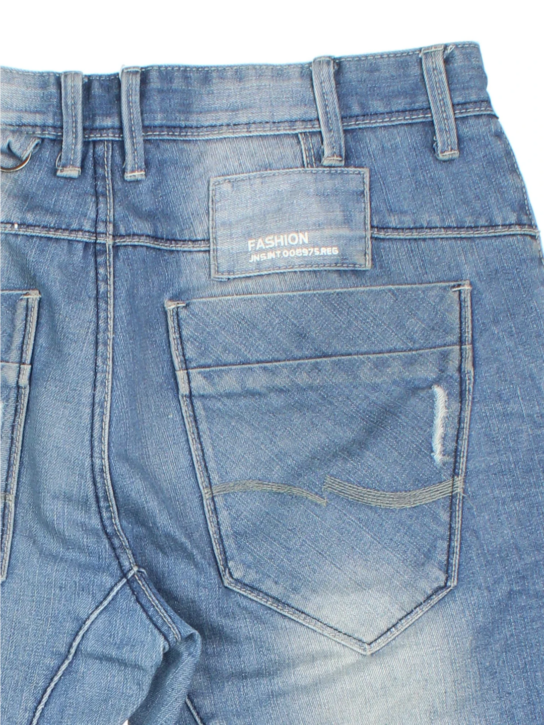 Vintage Y2K Denim Jorts in blue colourway with multiple pockets, contrast stitching and logo patch embroidered on the back.