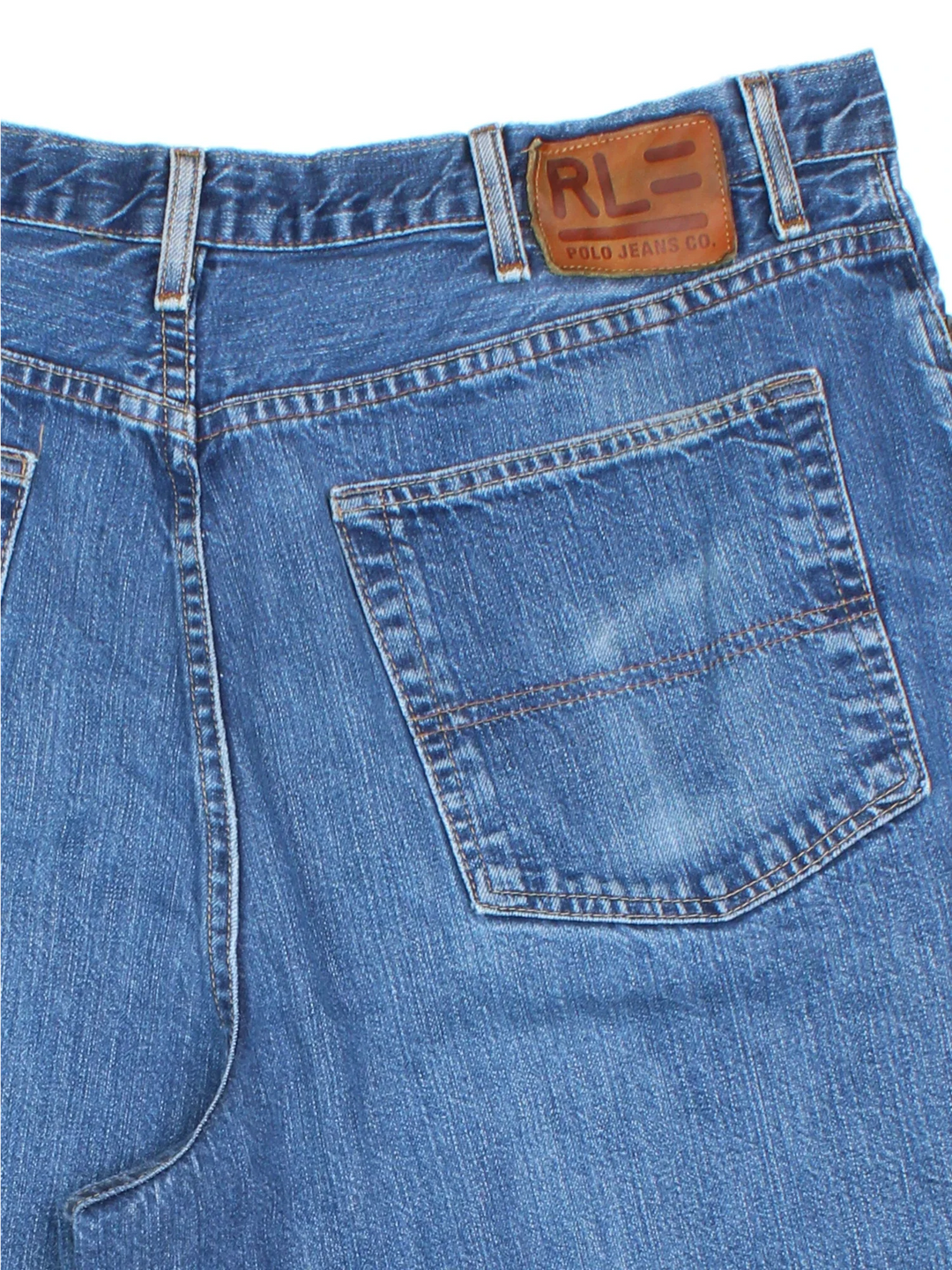Ralph Lauren Denim Shorts in blue colourway with multiple pockets, contrast stitching and leather logo patch embroidered on the back.