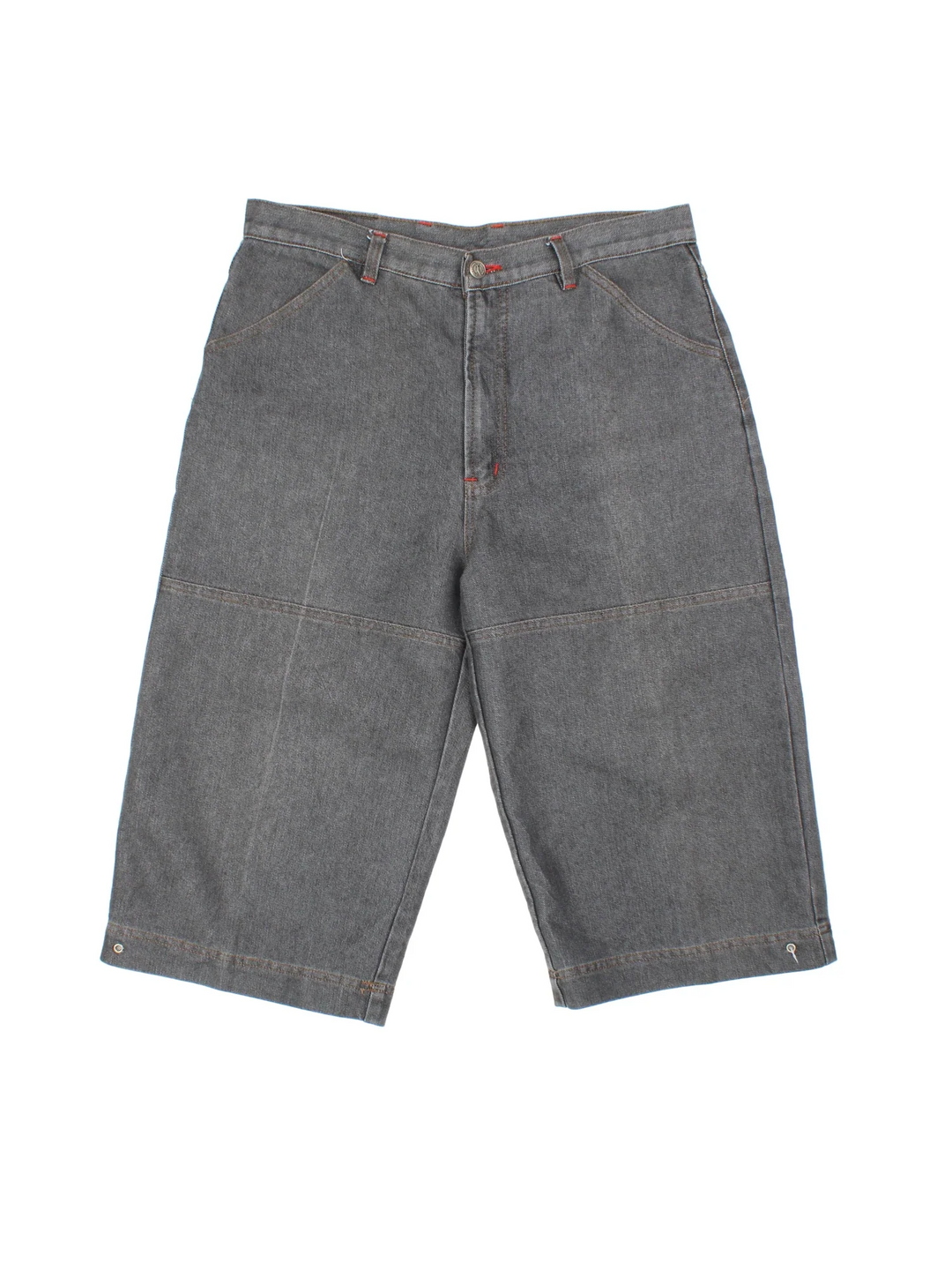 Vintage Y2K Denim Jorts in grey colourway with multiple pockets, contrast stitching and logo patch embroidered on the back.