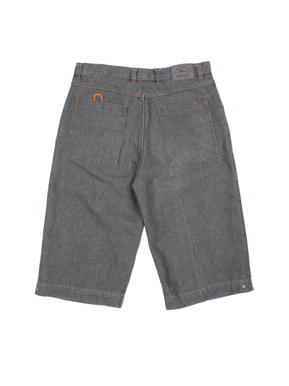 Vintage Y2K Denim Jorts in grey colourway with multiple pockets, contrast stitching and logo patch embroidered on the back.