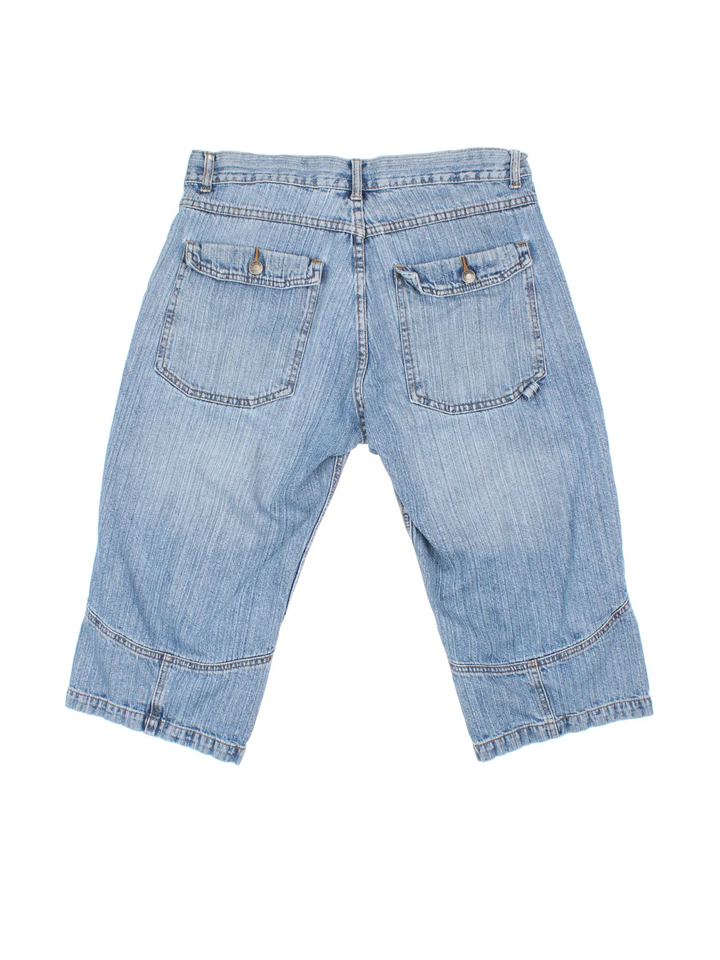 Vintage Y2K Denim Jorts in blue colourway with multiple pockets and contrast stitching.
