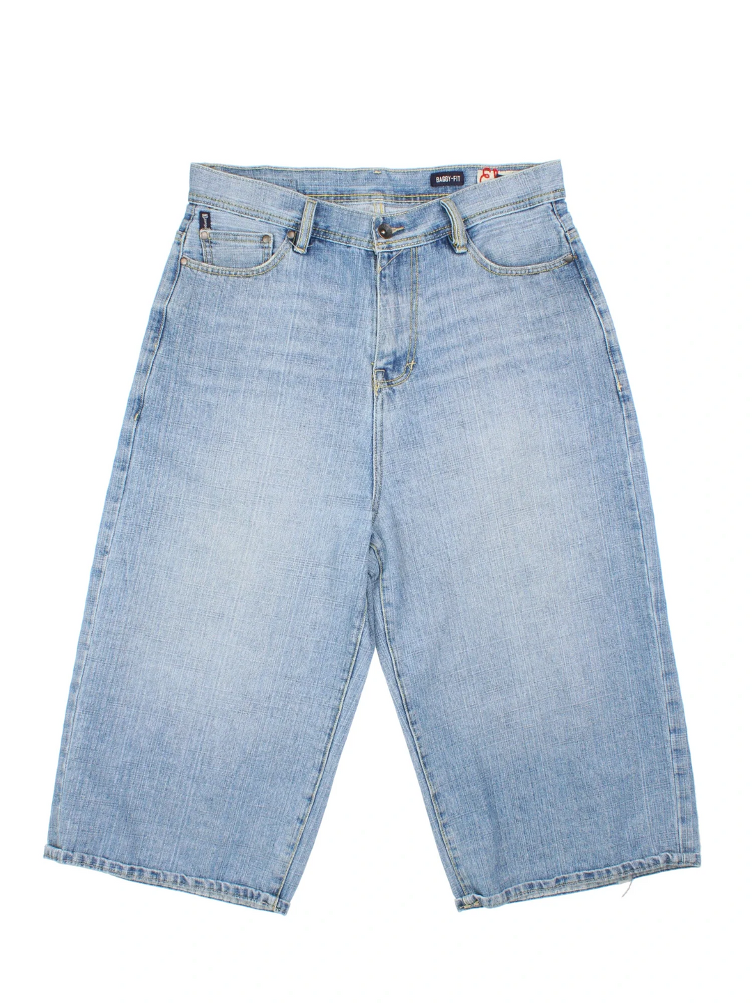 Y2K Ecko Unltd Denim Jorts in blue colourway with multiple pockets, contrast stitching and leather logo patch embroidered on the back.