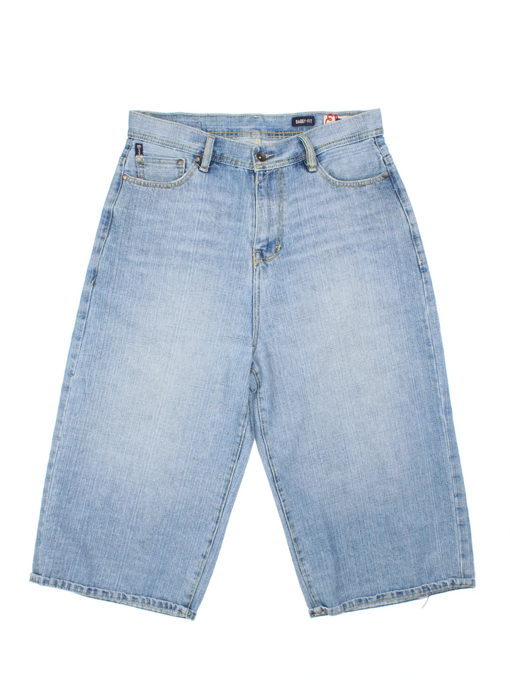Y2K Ecko Unltd Denim Jorts in blue colourway with multiple pockets, contrast stitching and leather logo patch embroidered on the back.