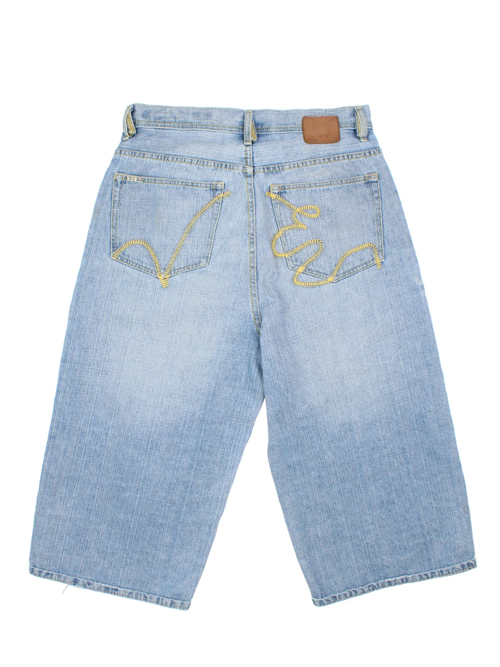 Y2K Ecko Unltd Denim Jorts in blue colourway with multiple pockets, contrast stitching and leather logo patch embroidered on the back.
