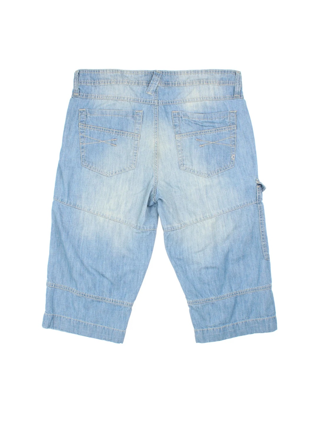 Y2K Denim Jorts in blue colourway with multiple pockets and contrast stitching.
