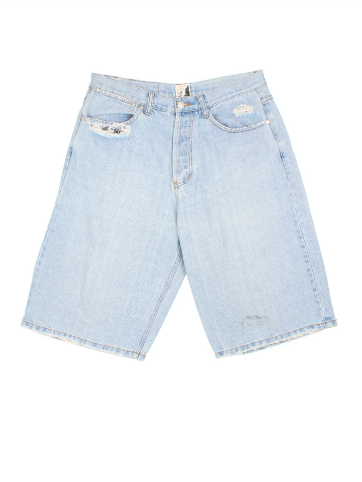 Y2K Oxide Denim Jorts in blue colourway. Multiple pockets and distressed detail, contrast stitching and painted logo on the back.