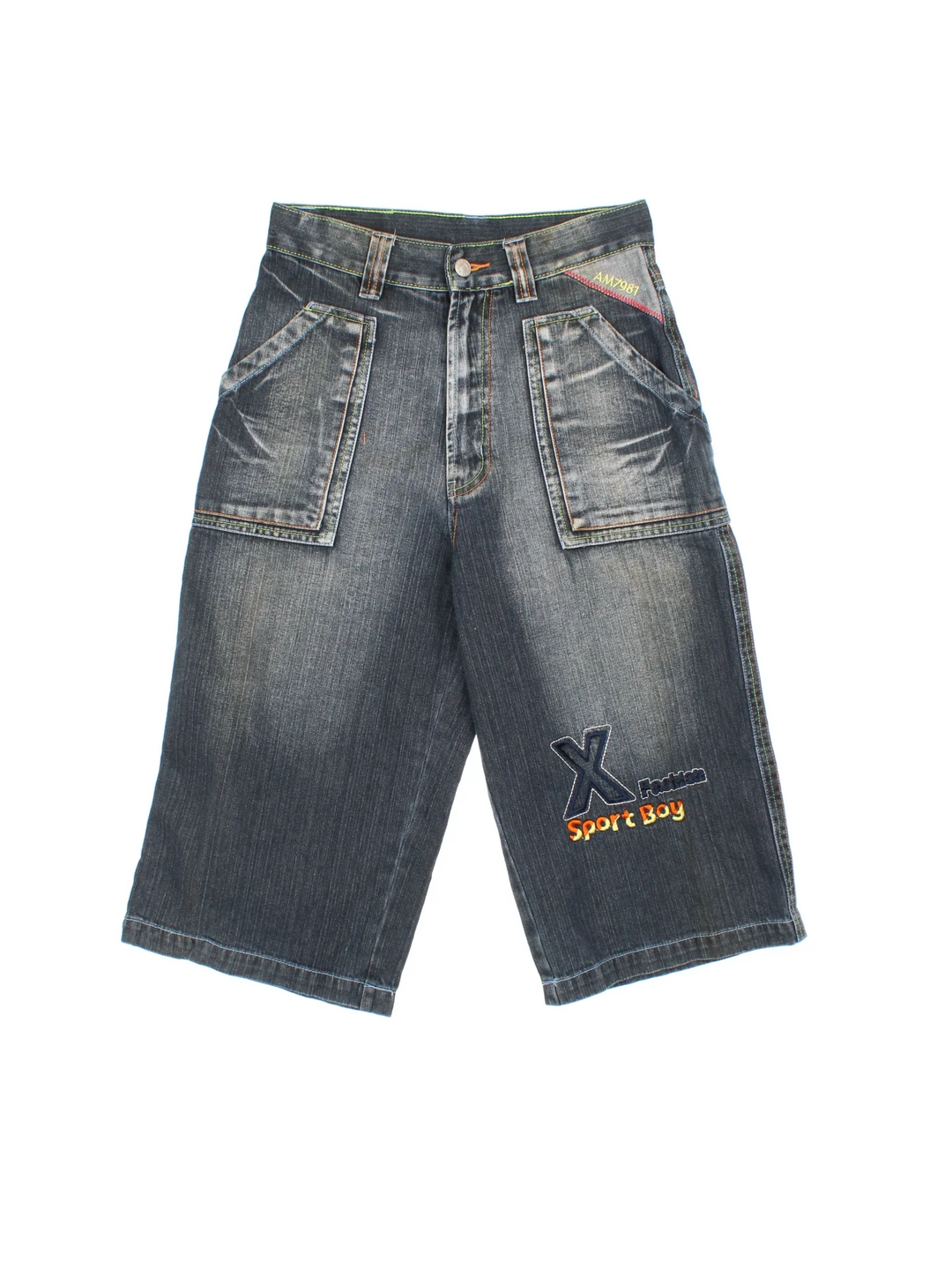 Vintage Y2K Denim Jorts in grey colourway with multiple pockets, contrast stitching and logos on the front/back.