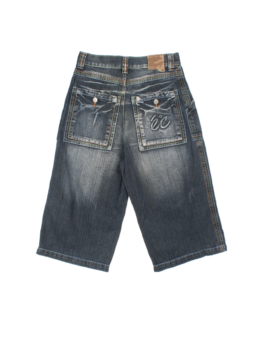 Vintage Y2K Denim Jorts in grey colourway with multiple pockets, contrast stitching and logos on the front/back.