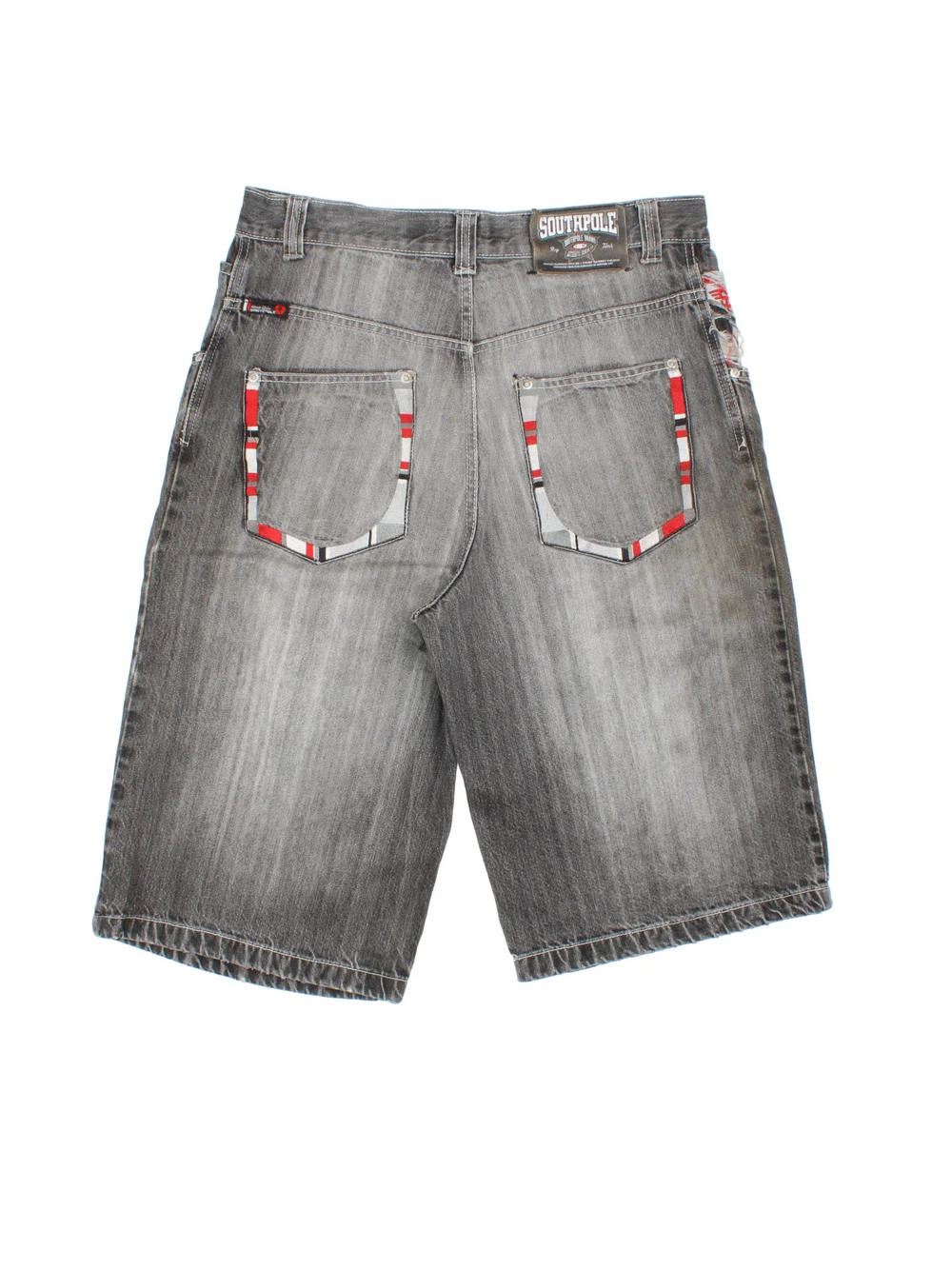 Y2K Southpole Denim Jorts in grey colourway with multiple pockets, contrast stitching/distressing and logos on the back.