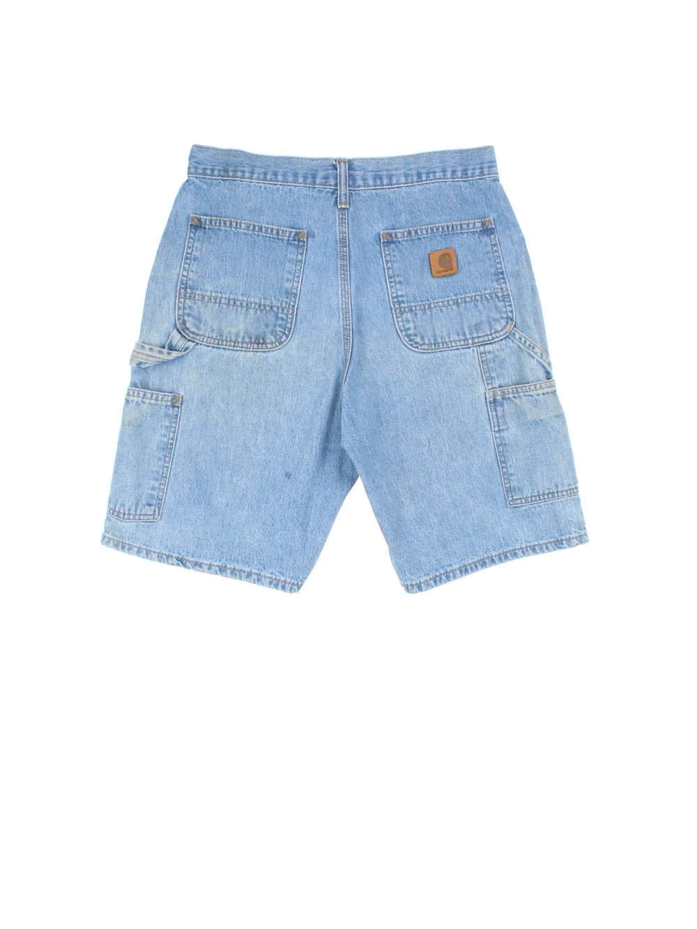 Vintage Carhartt Denim Carpenter Shorts in blue colourway with multiple pockets and leather logo embroidered on the back.