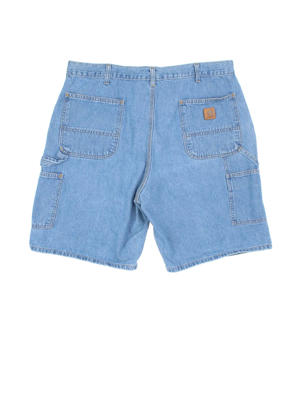 Vintage Carhartt shorts in blue colourway with multiple pockets and leather logo embroidered on the back.