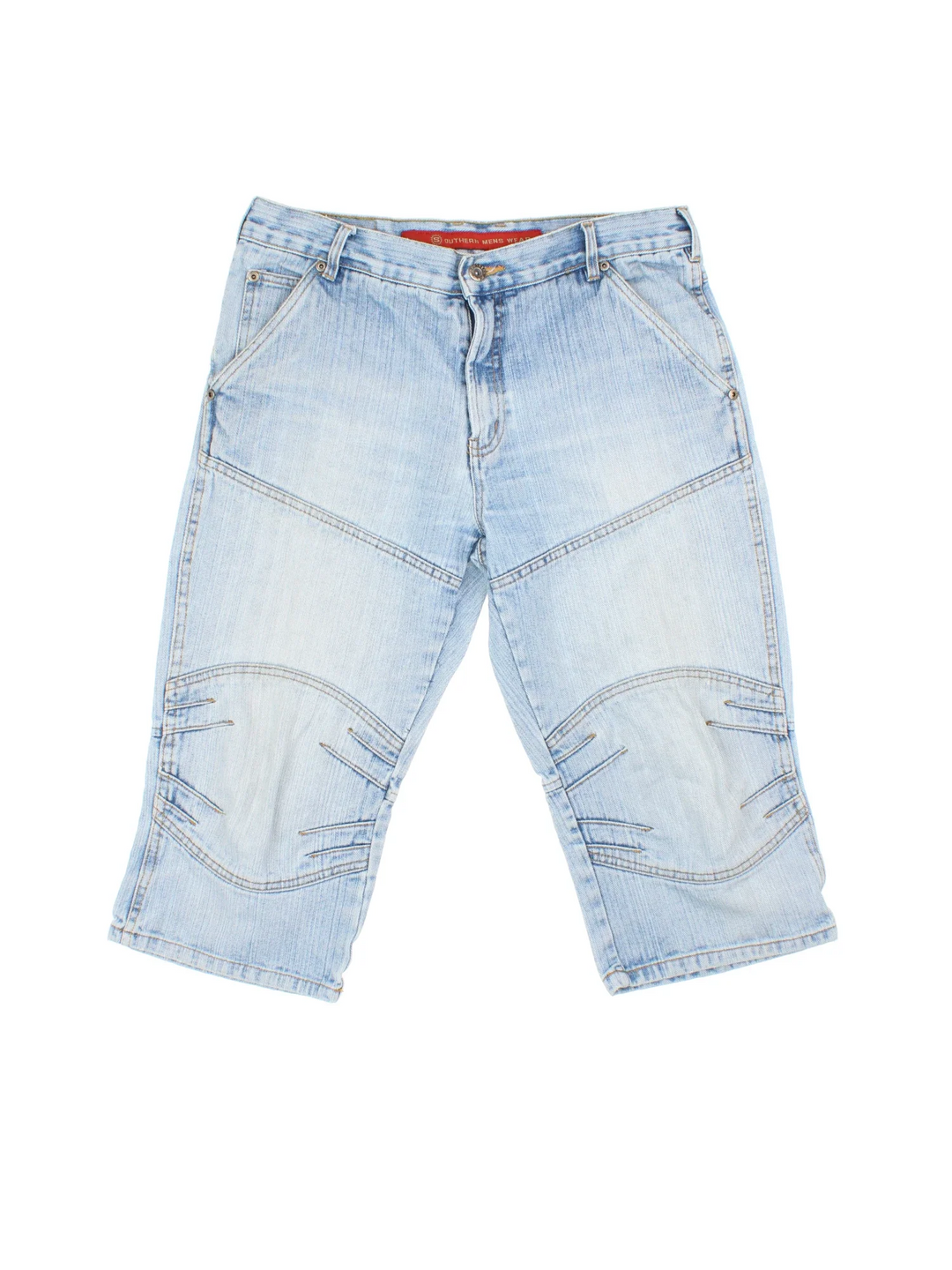 Vintage Y2K Denim Jorts in blue colourway with multiple pockets and leather logo embroidered on the back.