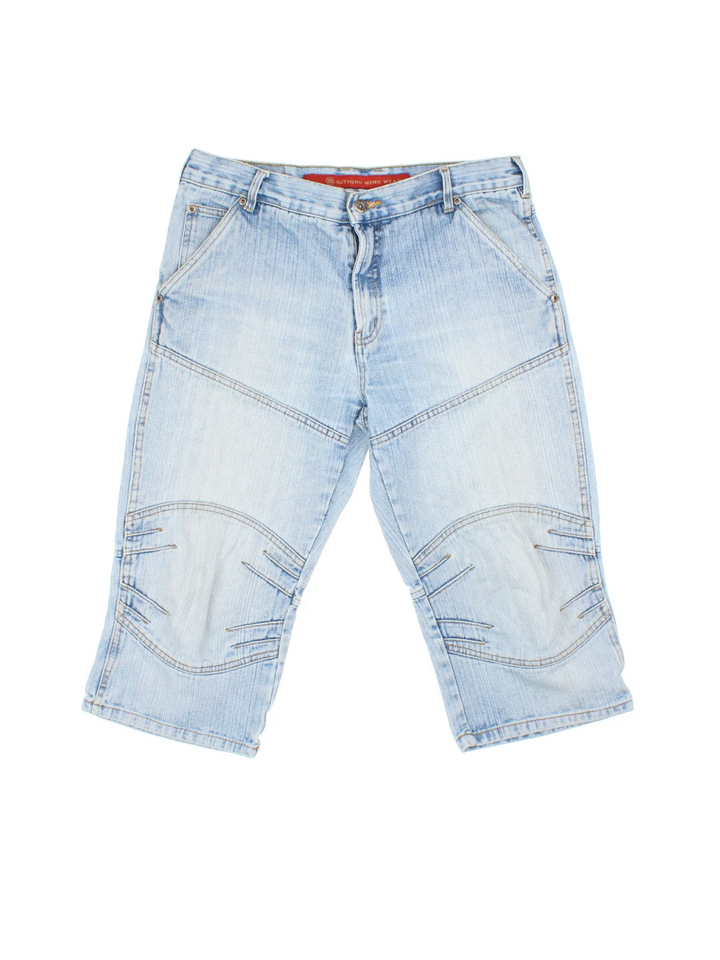 Vintage Y2K Denim Jorts in blue colourway with multiple pockets and leather logo embroidered on the back.