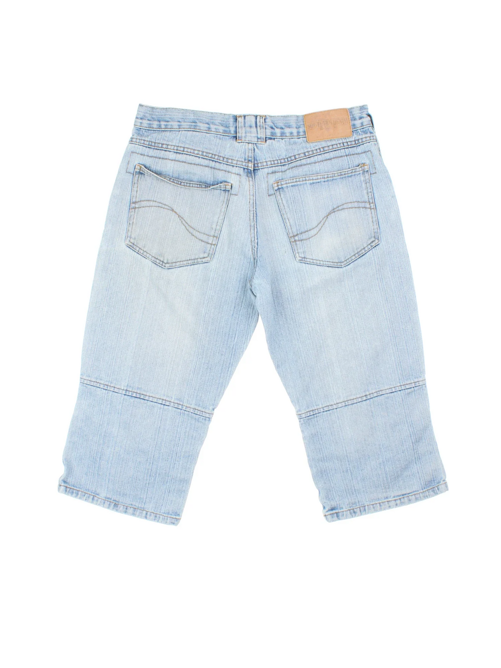 Vintage Y2K Denim Jorts in blue colourway with multiple pockets and leather logo embroidered on the back.