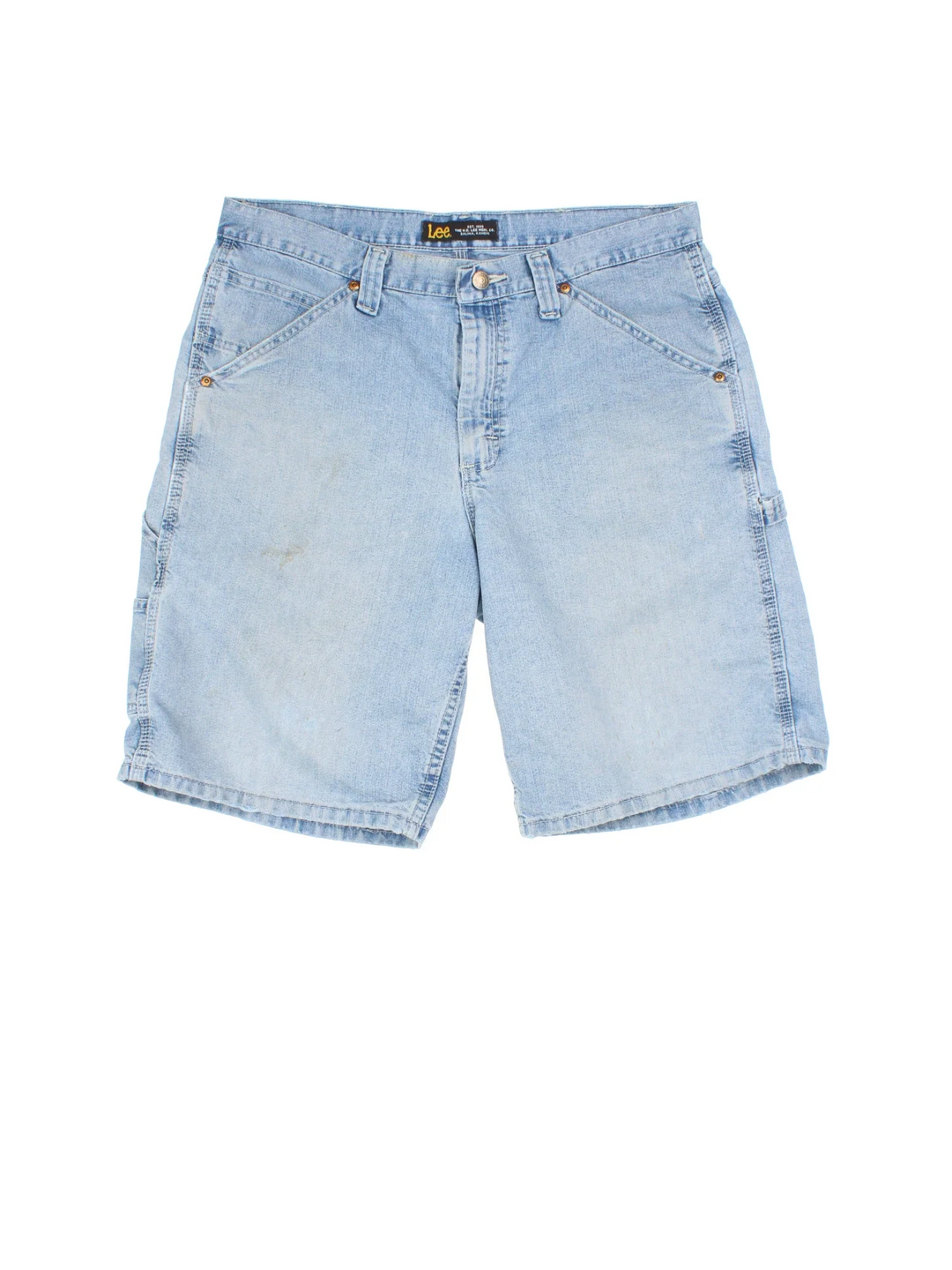 Lee Denim Shorts in blue colourway with multiple pockets and logo patch embroidered on the back.
