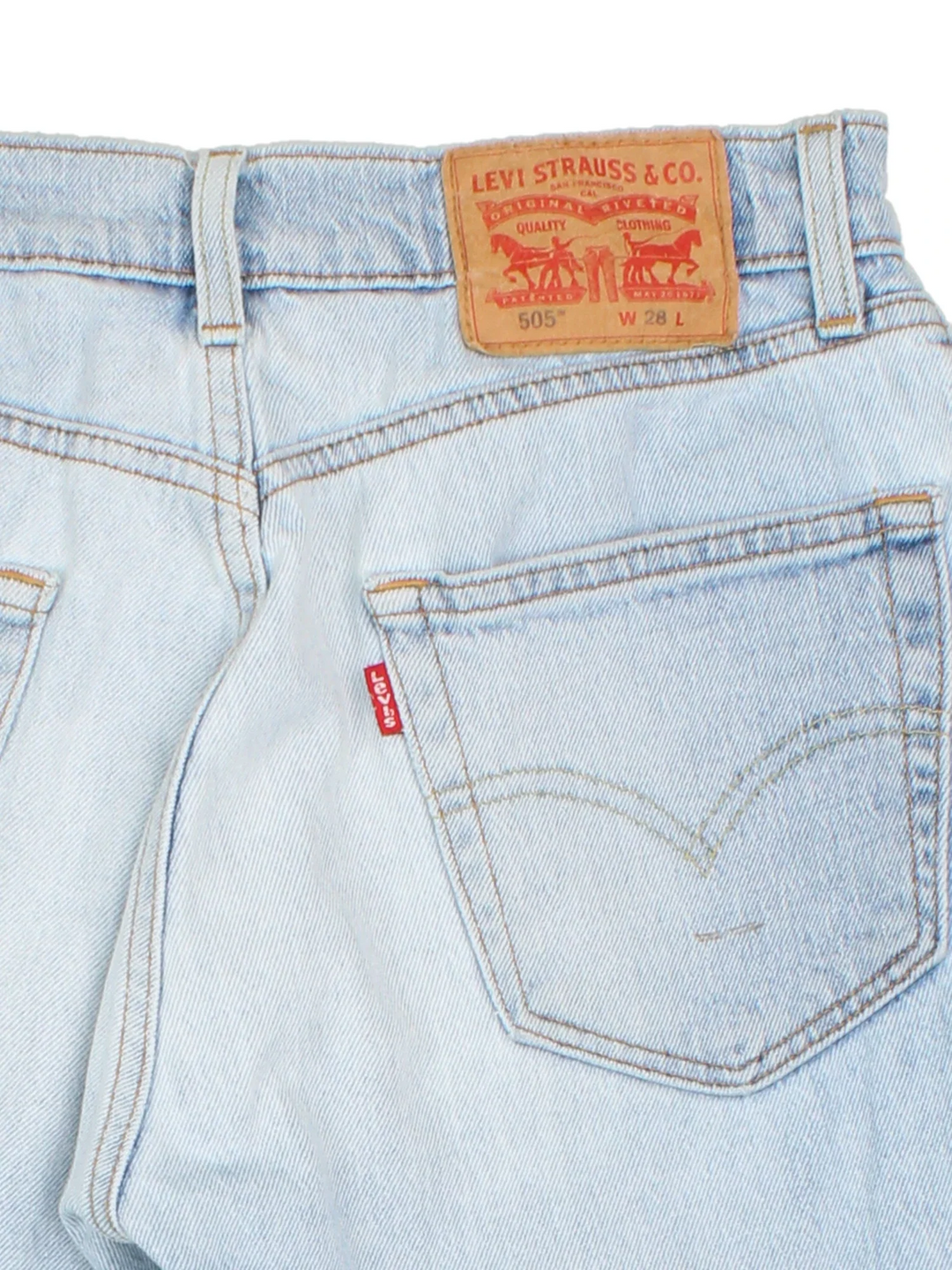 Vintage Levi Strauss shorts in blue colourway with multiple pockets and leather logo embroidered on the back.