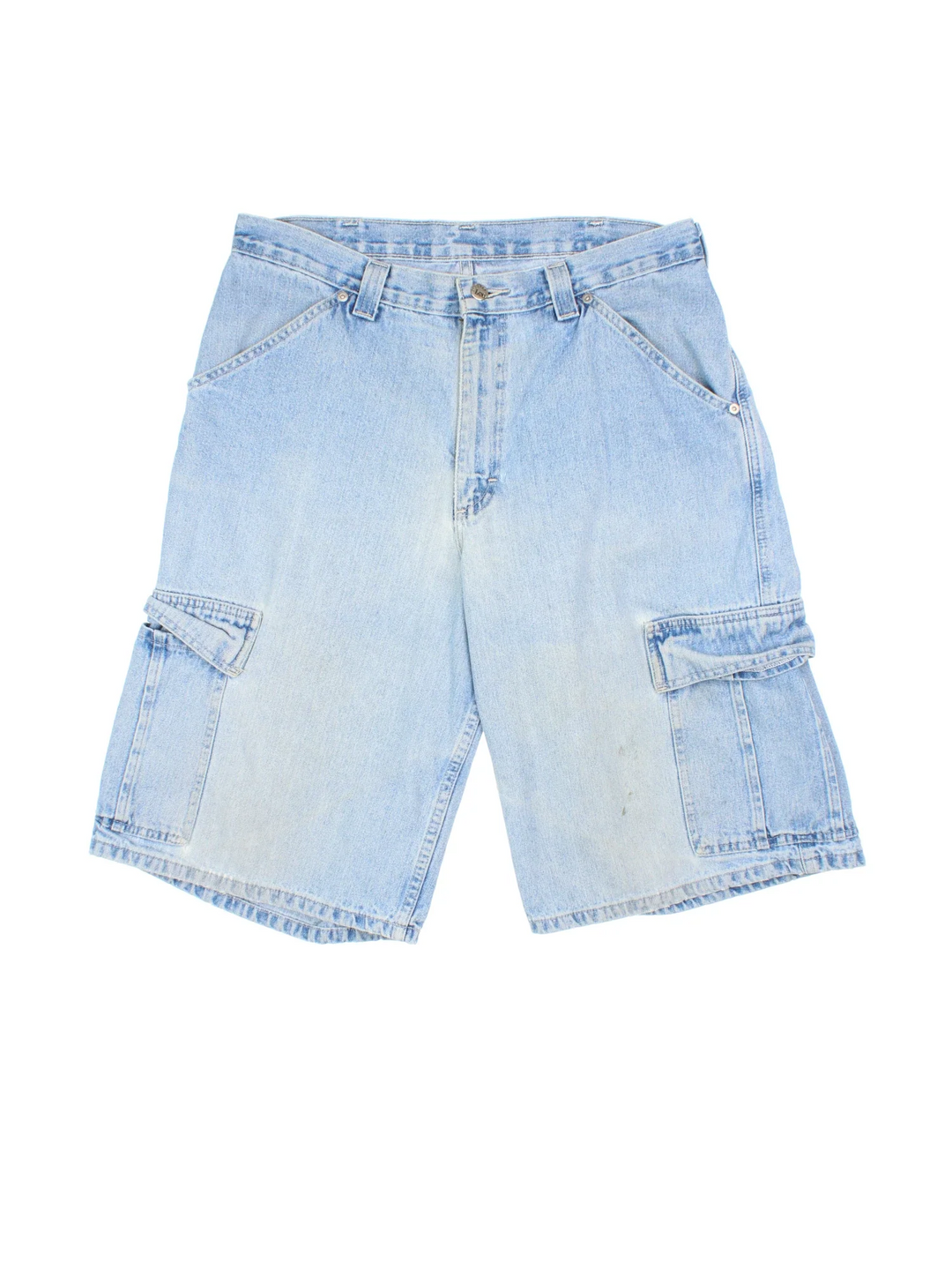 Vintage Lee Cargo Shorts in blue colourway with multiple pockets and branding embroidered on the back.